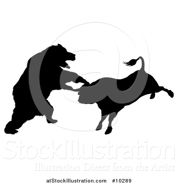 Vector Illustration of a Black Silhouetted Stock Market Bull and Bear Fighting