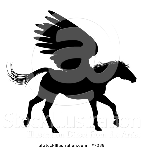 Vector Illustration of a Black Silhouetted Trotting Winged Pegasus Horse