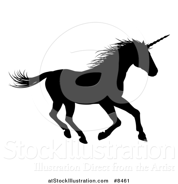 Vector Illustration of a Black Silhouetted Unicorn Horse Running to the Right