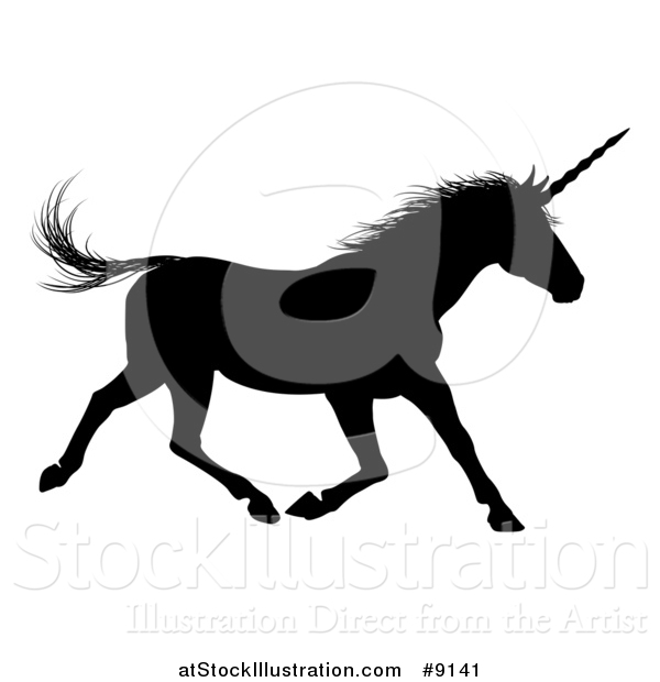 Vector Illustration of a Black Silhouetted Unicorn Horse Running to the Right