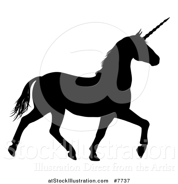 Vector Illustration of a Black Silhouetted Unicorn Horse Trotting