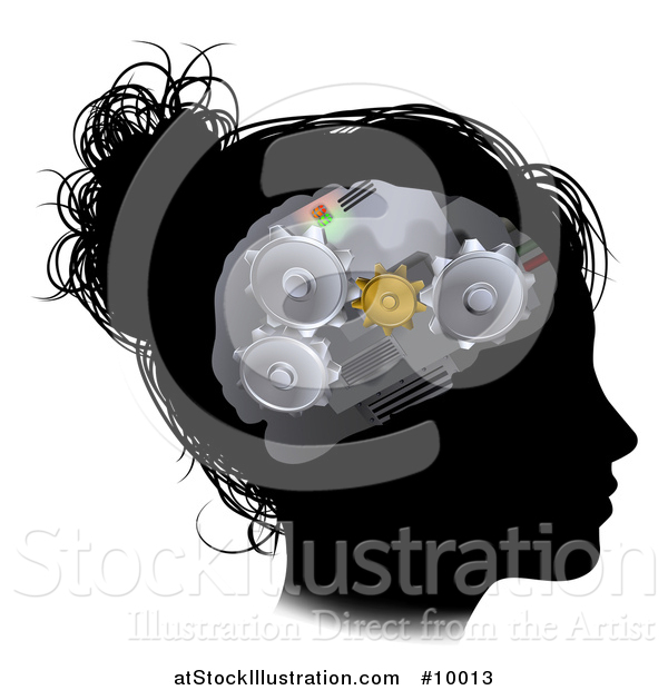 Vector Illustration of a Black Silhouetted Woman's Head in Profile with a Gear Brain