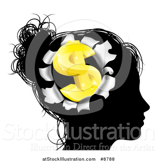 Vector Illustration of a Black Silhouetted Woman's Head with a 3d Gold Dollar Symbol Breaking out