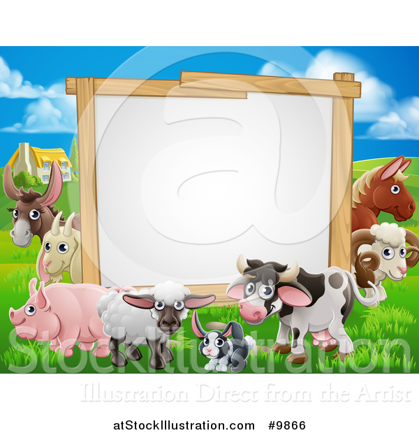 Vector Illustration of a Blank Sign Board Surrounded by Farm Animals, with a House in the Background