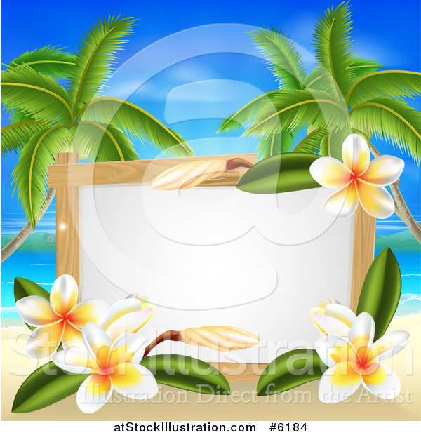Vector Illustration of a Blank Sign with Plumeria Flowers on a Tropical Beach with Palm Trees