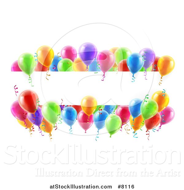 Vector Illustration of a Blank White Banner Signs Bordered in 3d Colorful Party Balloons and Confetti