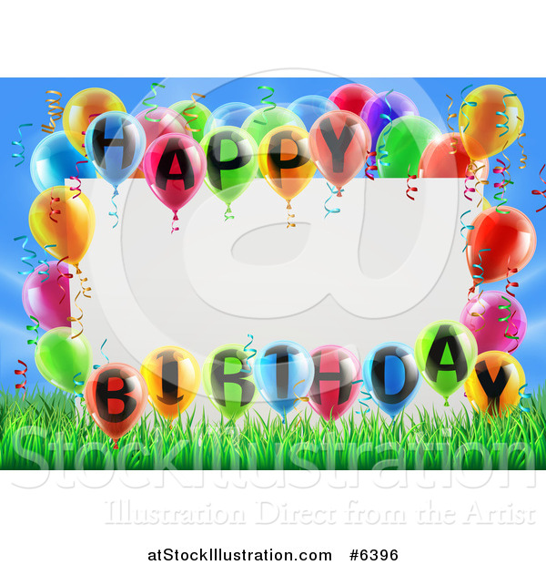 Vector Illustration of a Blank White Sign Framed in Colorful 3d Happy Birthday Balloons over Grass and Blue Sky