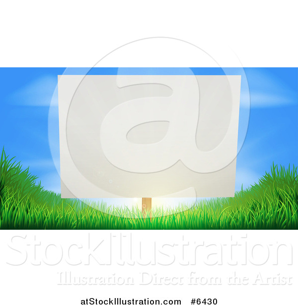 Vector Illustration of a Blank White Sign Posted Against a Sunrise in a Blue Sky on Grassy Green Hills