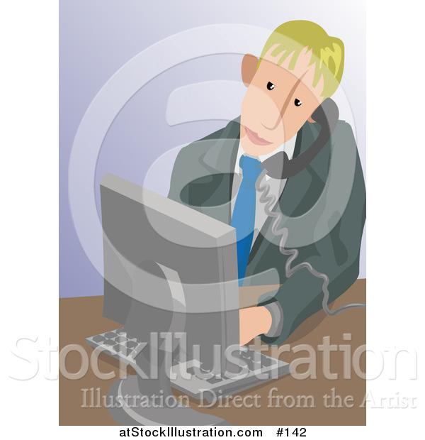 Vector Illustration of a Blond Caucasian Business Man Taking a Phone Call and Using a Computer