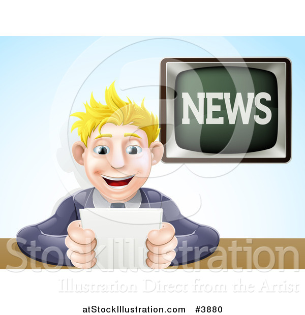 Vector Illustration of a Blond Male News Anchor Smiling and Holding Notes