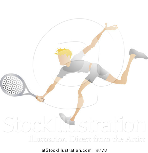 Vector Illustration of a Blond Male Tennis Player Reaching His Racket out to Hit a Ball
