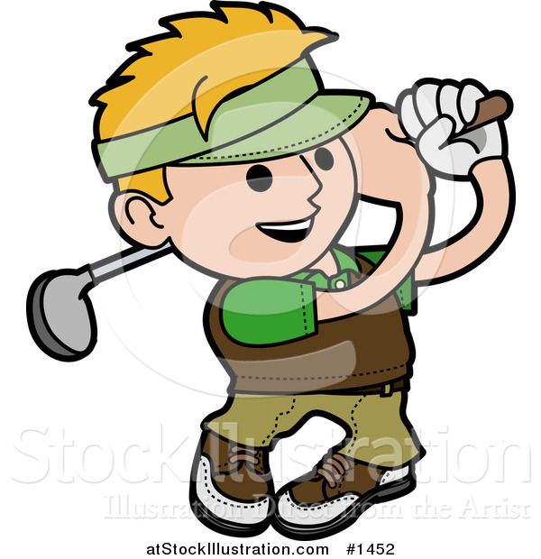 Vector Illustration of a Blond Man Smiling While Swinging a Golf Club During a Day at the Course