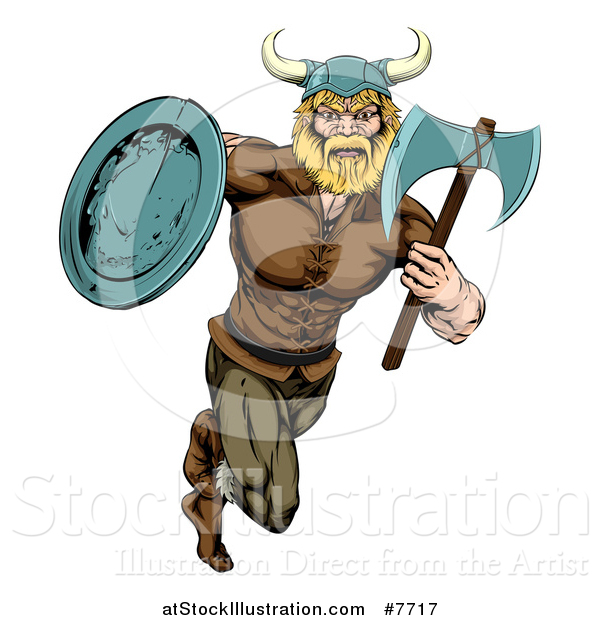 Vector Illustration of a Blond Muscular Viking Warrior Sprinting with an Axe and Shield