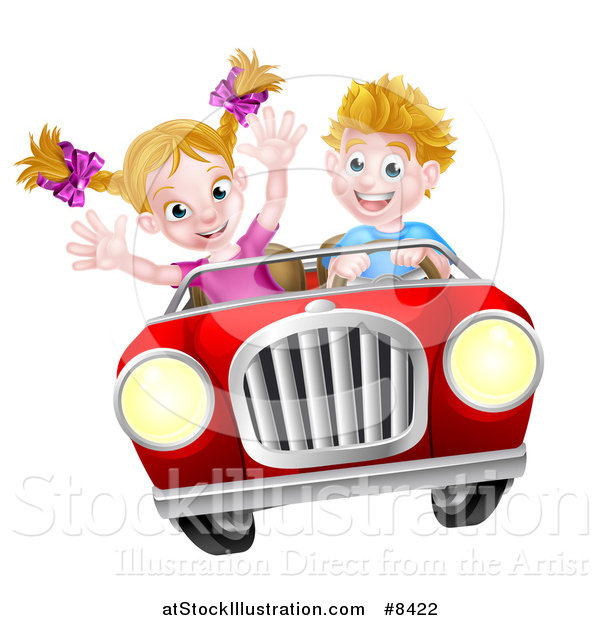 Vector Illustration of a Blond White Boy Driving a Girl in a Red Convertible Car, Catching Air