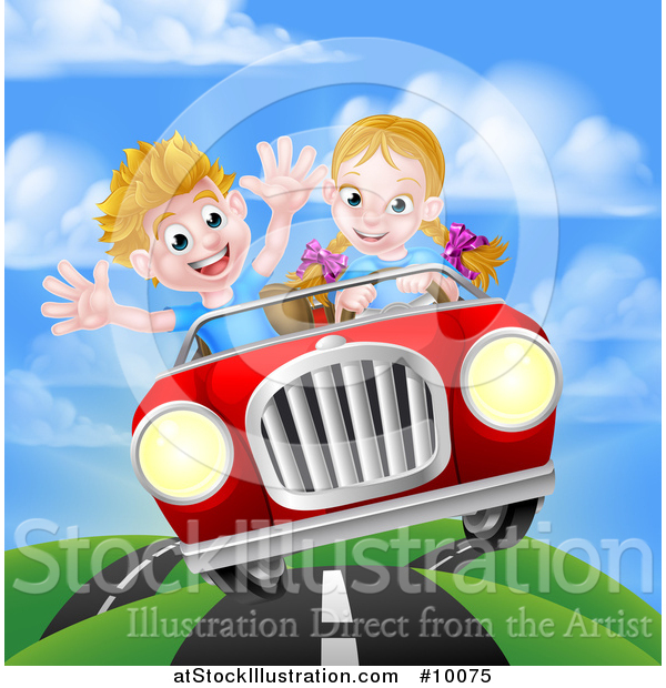 Vector Illustration of a Blond White Girl Driving a Boy in a Red Convertible Car, Catching Air on a Rural Road