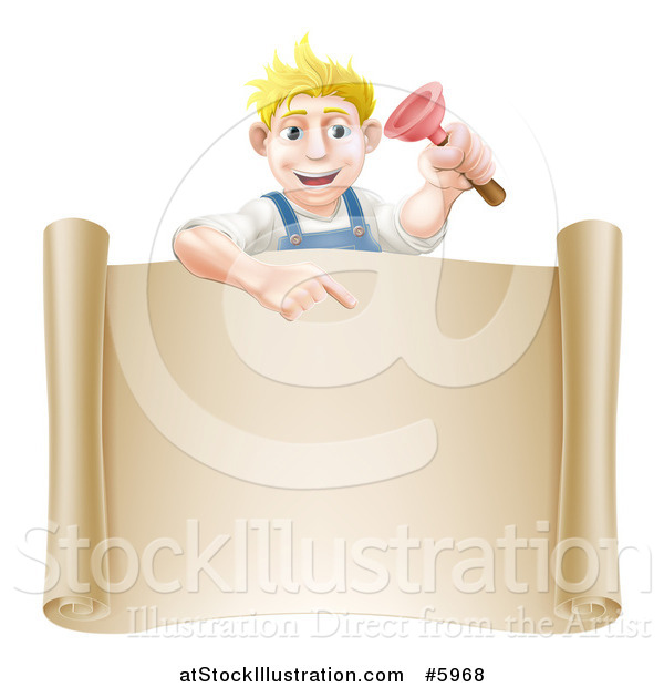 Vector Illustration of a Blond White Male Plumber Holding a Plunger and Pointing down at a Scroll Sign
