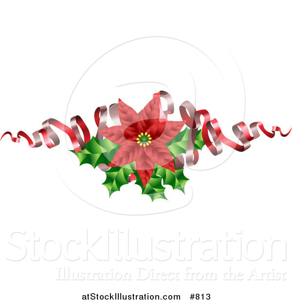 Vector Illustration of a Blooming Red Poinsettia Flower with Holly and Ribbons