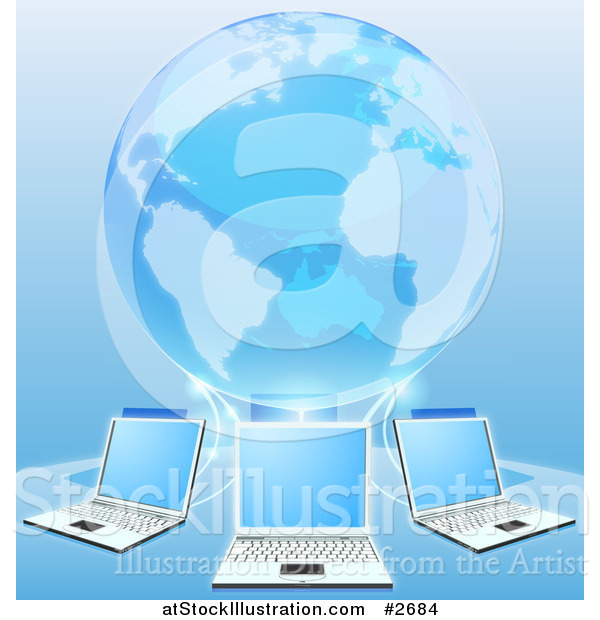 Vector Illustration of a Blue 3d Globe Connected to a Network of Laptop Computers