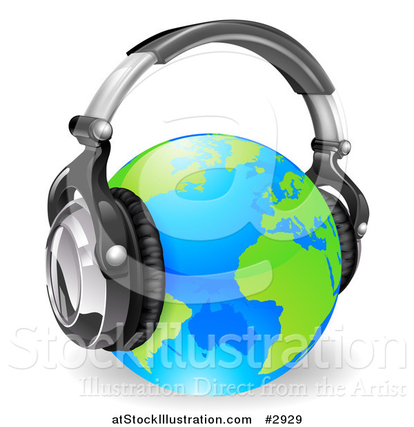 Vector Illustration of a Blue and Green Globe Wearing 3d Noise Canceling Music Headphones