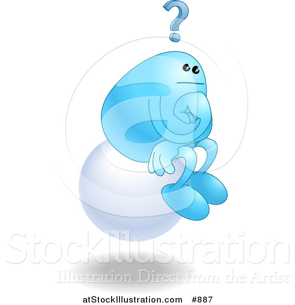 Vector Illustration of a Blue Bean Character Sitting on a Floating White Sphere and Thinking, Resembling "The Thinker" by Auguste Rodin