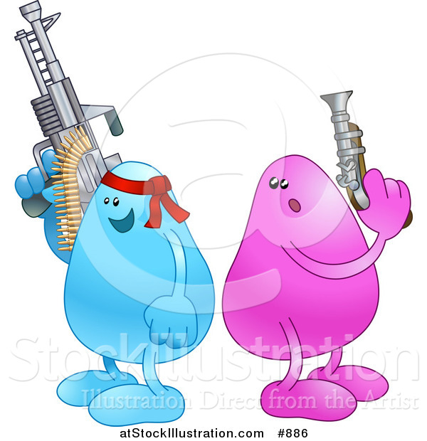 Vector Illustration of a Blue Bean Character Wearing a Red Headband and Holding a Big Machine Gun While a Disadvantaged Pink Bean Character Holds a Puny Little Gun