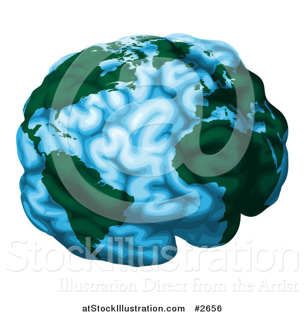 Vector Illustration of a Blue Brain Globe with Green Continents