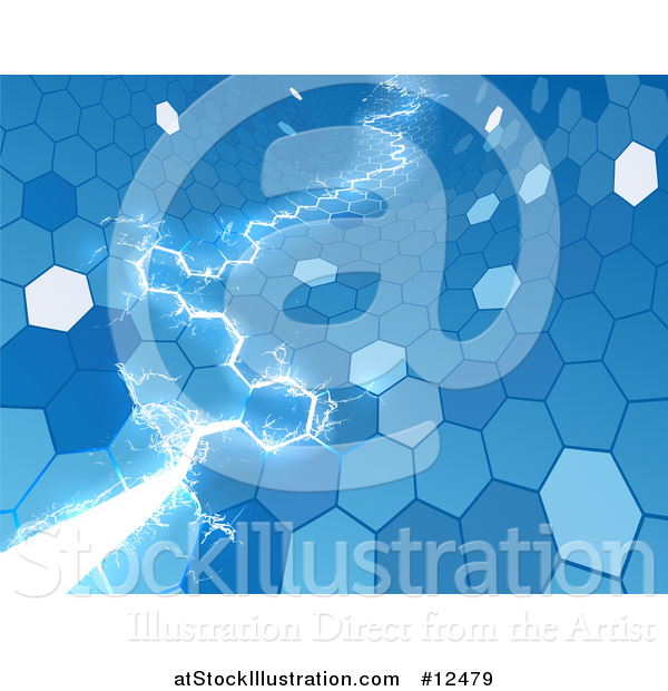 Vector Illustration of a Blue Electric Lightning Through a Honecomb Hexagonal Background