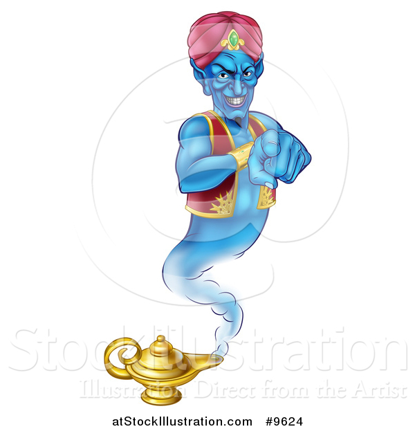 Vector Illustration of a Blue Genie Emerging from His Lamp and Pointing at You