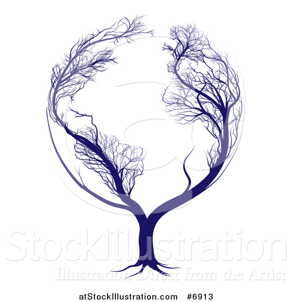 Vector Illustration of a Blue Globe Tree with Bare Branches Forming the Continents of Earth