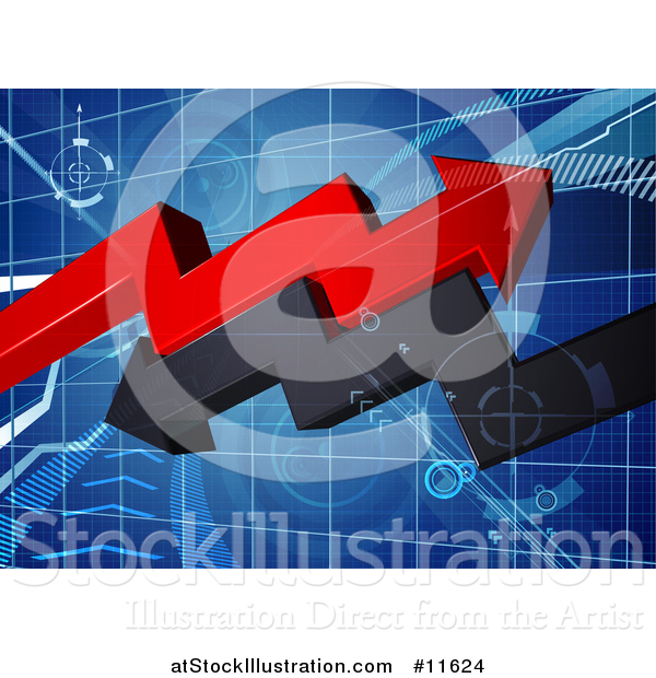 Vector Illustration of a Blue Grid with 3d Red and Black Profit and Loss Arrows