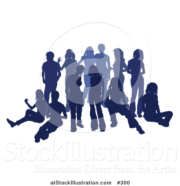 Vector Illustration of a Blue Group of Silhouetted People Hanging out in a Crowd