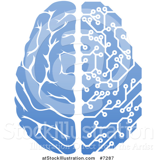 Vector Illustration of a Blue Half Human, Half Artificial Intelligence Circuit Board Brain