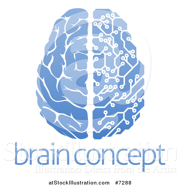 Vector Illustration of a Blue Half Human, Half Artificial Intelligence Circuit Board Brain over Sample Text