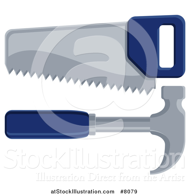 Vector Illustration of a Blue Handled Carpenter's Hand Saw and Hammer