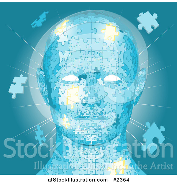 Vector Illustration of a Blue Human Head with Puzzle Pieces and Light