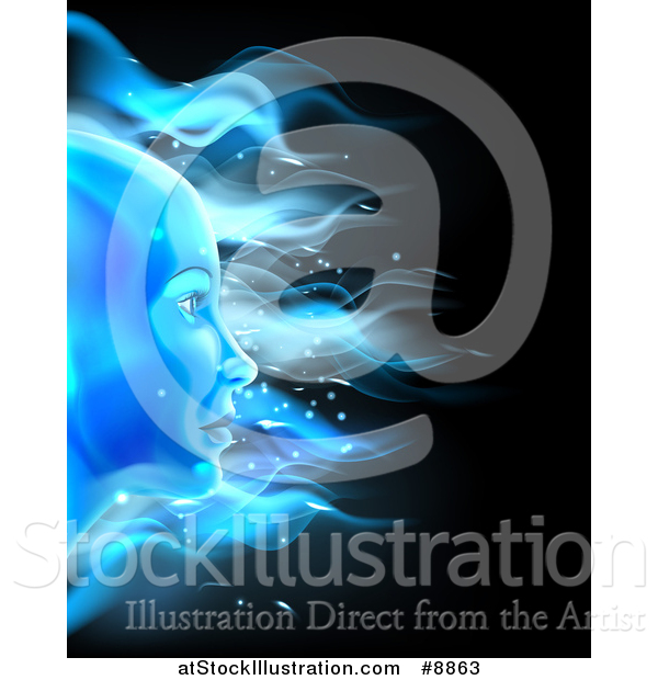 Vector Illustration of a Blue Ice or Fire Female Face over Black