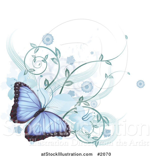 Vector Illustration of a Blue Morpho Peleides Butterfly with Hibiscus Flowers and Vines