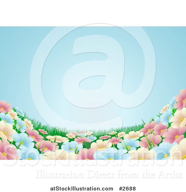 Vector Illustration of a Blue Sky over a Spring Flower Meadow Background