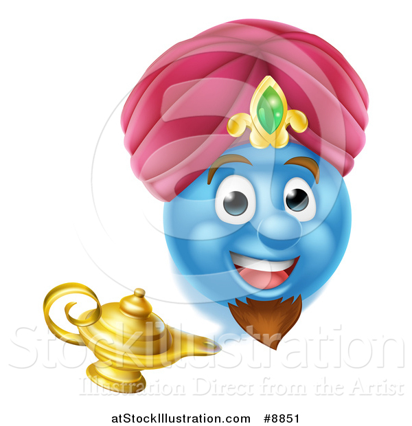 Vector Illustration of a Blue Smiley Emoji Emoticon Genie Emerging from a Lamp