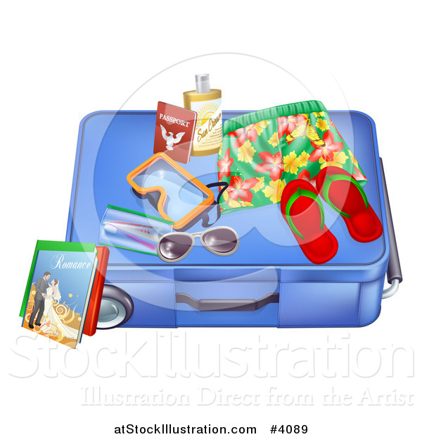 Vector Illustration of a Blue Suitcase with Travel Items and a Passport