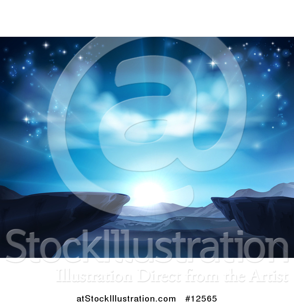 Vector Illustration of a Blue Sunrise or Sunset with Mountains and Cliffs
