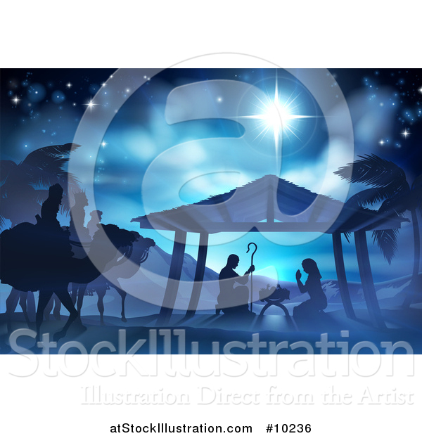 Vector Illustration of a Blue Toned Nativity Scene the Magi Wise Men, Star of David, Baby Jesus, Mary and Joseph