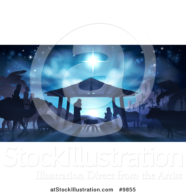 Vector Illustration of a Blue Toned Nativity Scene with Animals, Wise Men, the City of Bethlehem and Star of David
