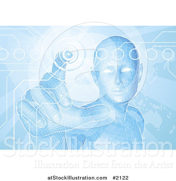 Vector Illustration of a Blue Virtual Man Pushing a Button on a Map Screen