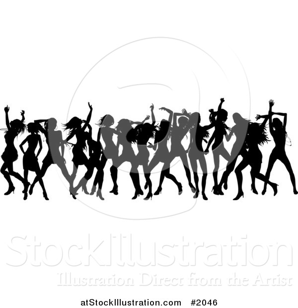 Vector Illustration of a Border of Black Silhouetted Women Dancing