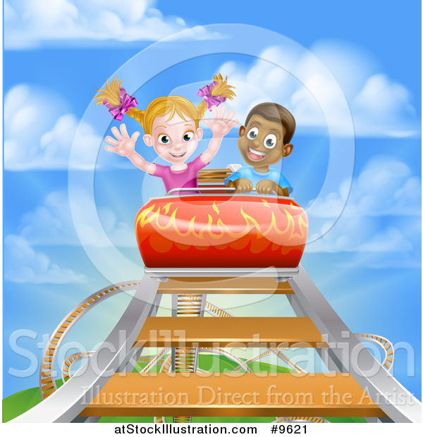 Vector Illustration of a Boy and Girl on a Roller Coaster Ride, Against a Blue Sky with Clouds