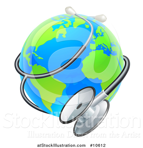 Vector Illustration of a Bright Blue and Green World Earth Globe with a Stethoscope