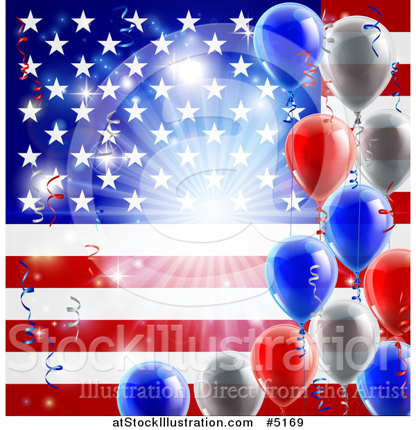 Vector Illustration of a Bright Burst over an American Flag and Fourth of July Balloons