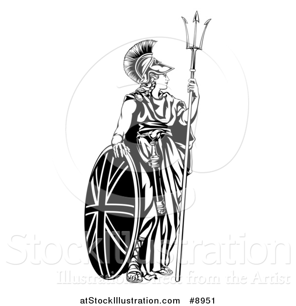 Vector Illustration of a Britannia, Personification of Britain, Standing with a Union Jack Shield and Holding a Trident