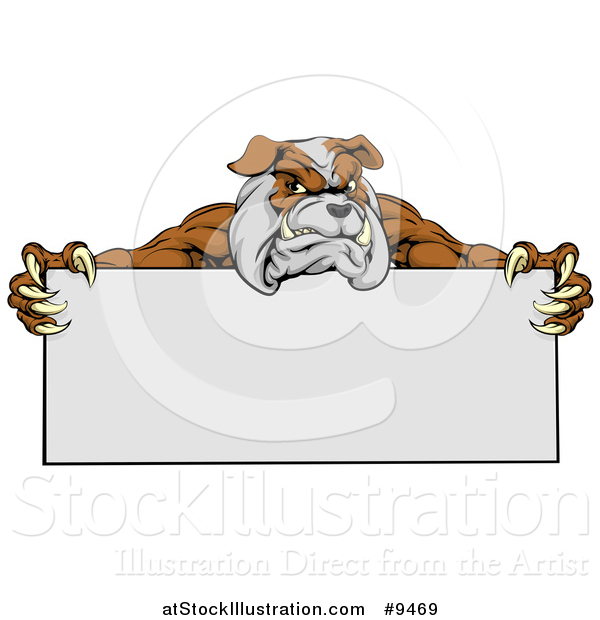 Vector Illustration of a Brown and Gray Aggressive Bulldog Monster Mascot Holding a Blank Sign